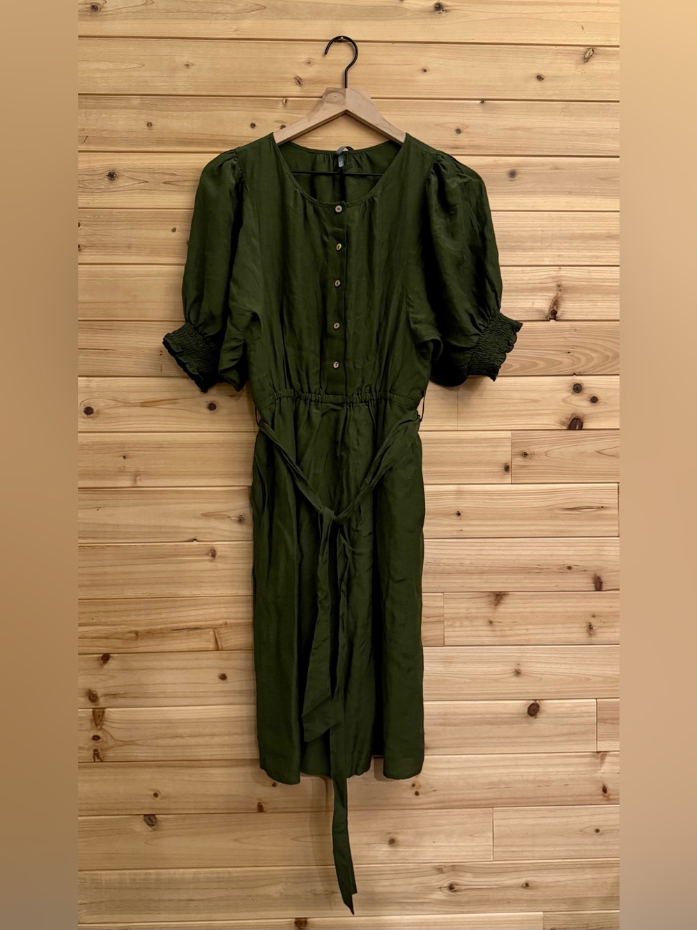 By Anthropologie XS Linen Blend Olive Green Nicole Puff Sleeve Dress Lighweight